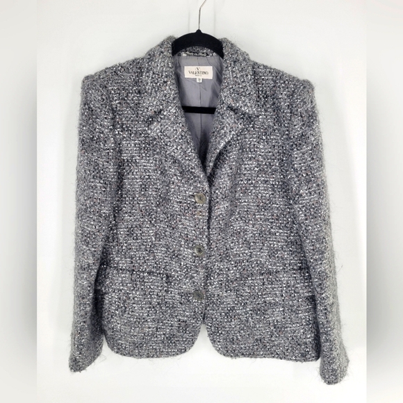 Valentino Jackets & Blazers - Valentino Blazer Size 14  Miss V Vintage Gray Silver sparkled thread